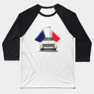 Illustration of a White Peugeot 404 with the French Flag Behind Baseball T-Shirt